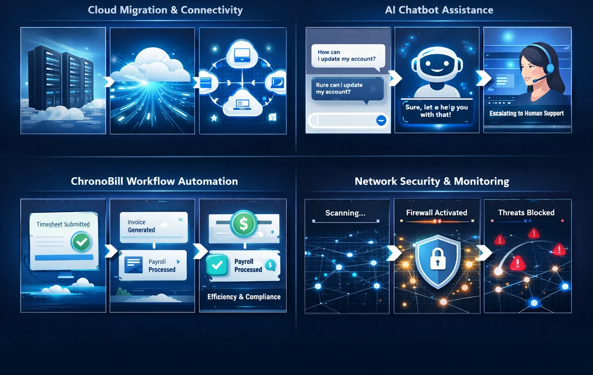 SCUBE Infotech IT ecosystem — cloud infrastructure, web development, ChronoBill, security, and managed services